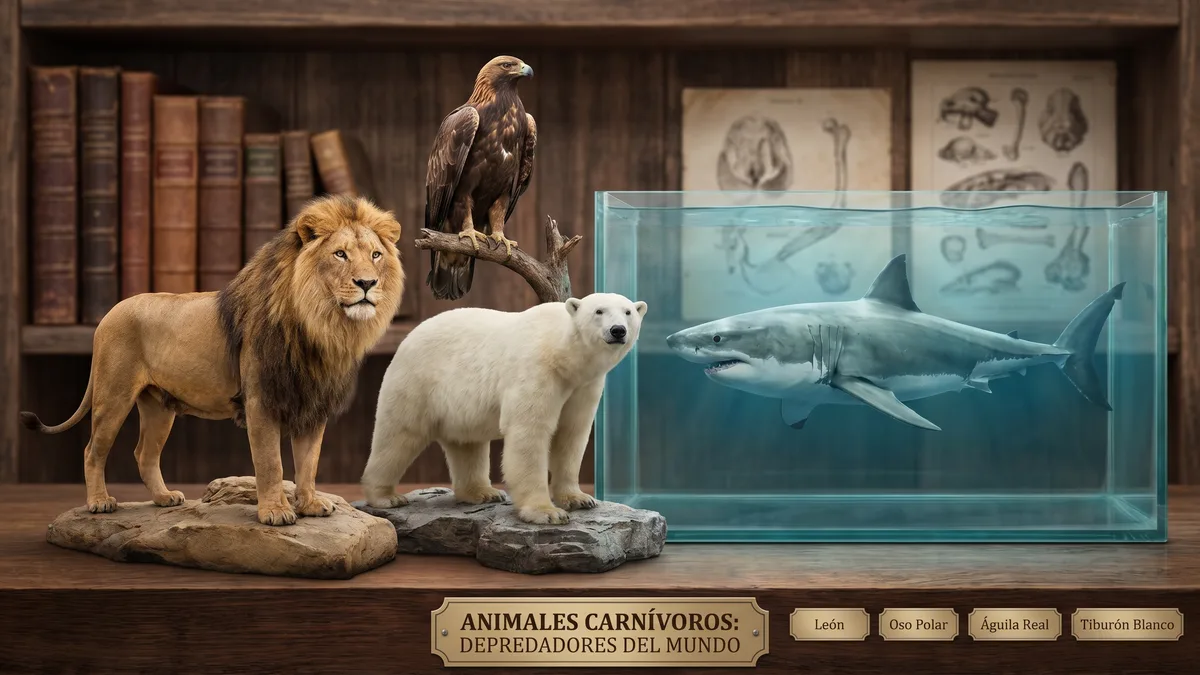 Ilustración naturalista de león, águila y tiburón, tres carnívoros de su medio