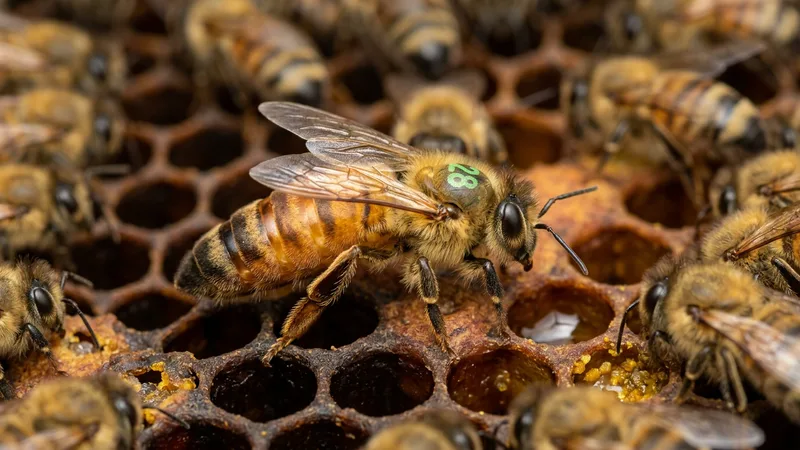 Ilustración naturalista de abejas reinas alimentándose de jalea real en colmenas mundiales