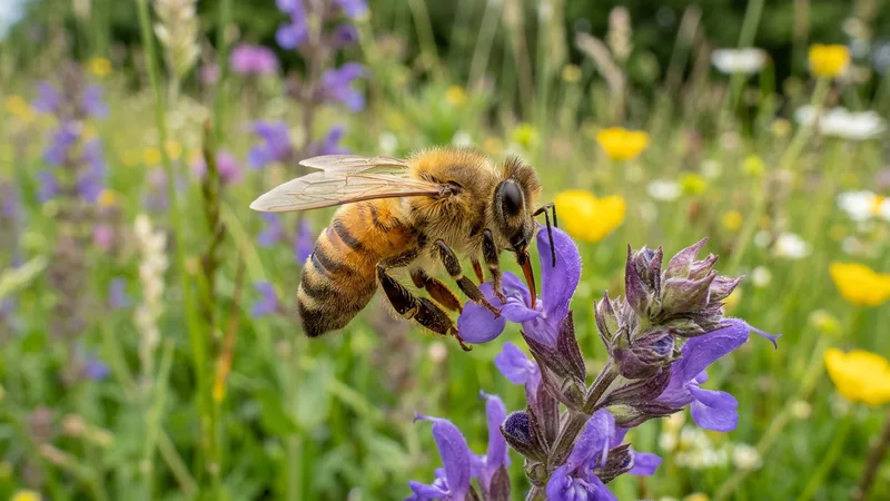 Ilustración naturalista de abeja melífera en flor