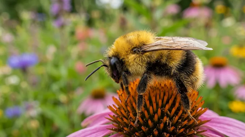 Ilustración naturalista de abejorros alimentándose de néctar, polen en prados y jardines templados