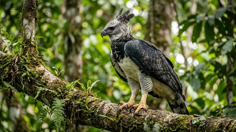 Ilustración naturalista de águilas harpías alimentándose de mamíferos arbóreos, aves grandes en selvas neotropicales