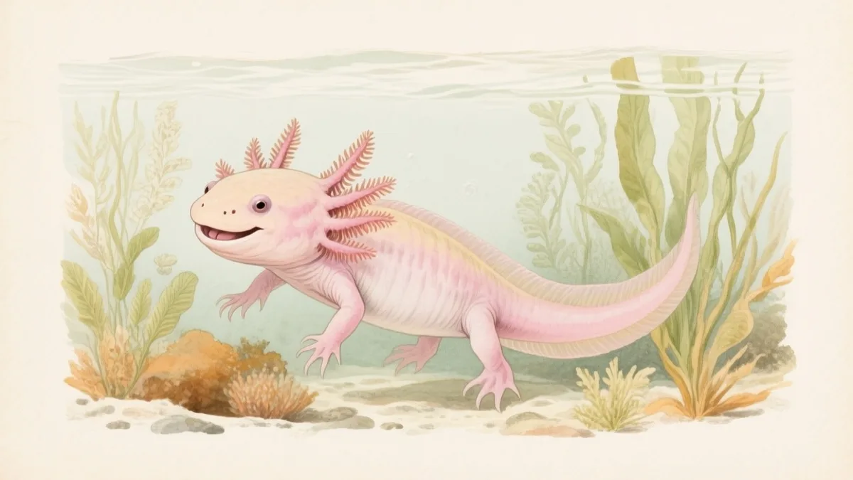 Ilustración naturalista de un ajolote (axolote) con sus branquias externas