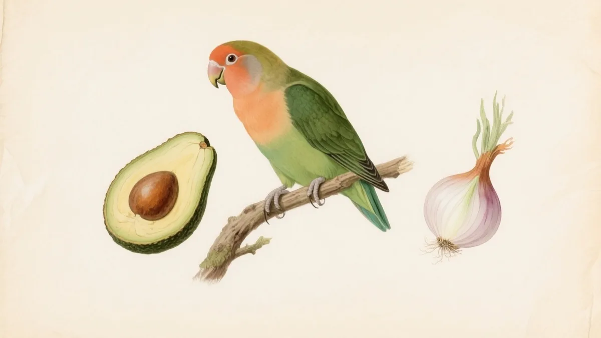 Ilustración naturalista de un agapornis junto a alimentos prohibidos marcados
