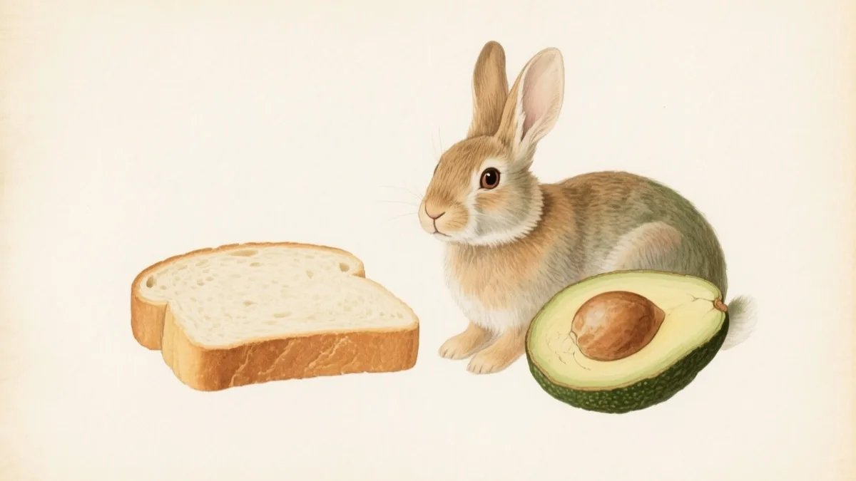 Ilustración naturalista de un conejo junto a alimentos prohibidos marcados