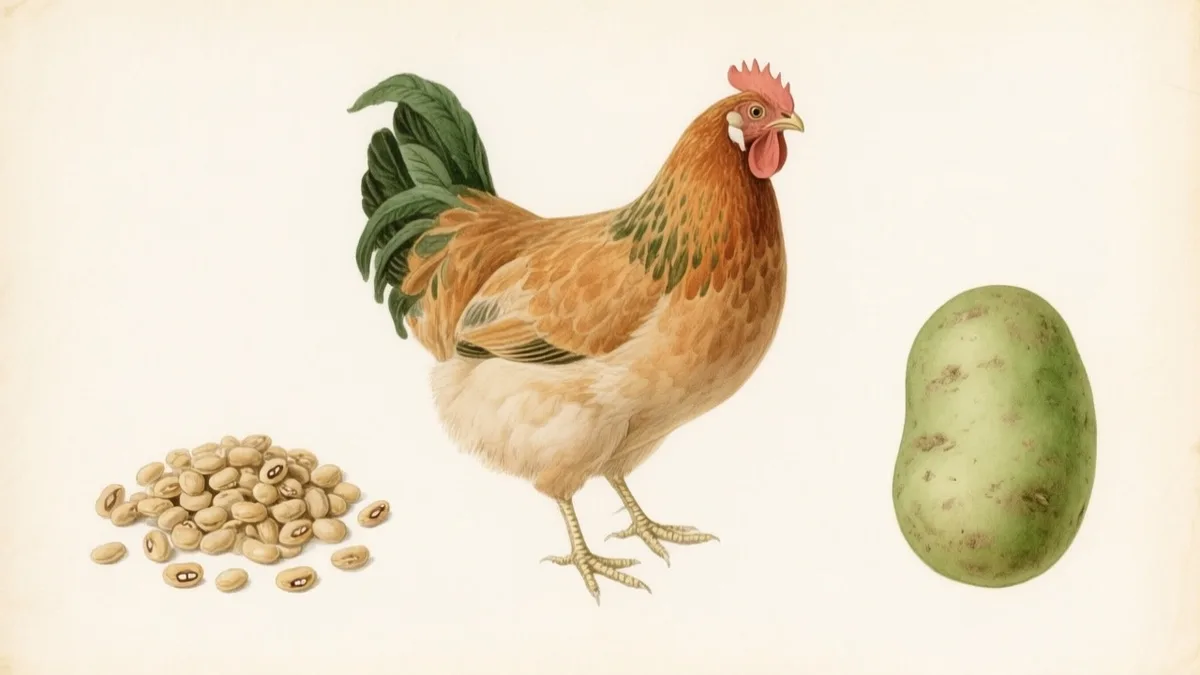 Ilustración naturalista de una gallina junto a alimentos prohibidos marcados