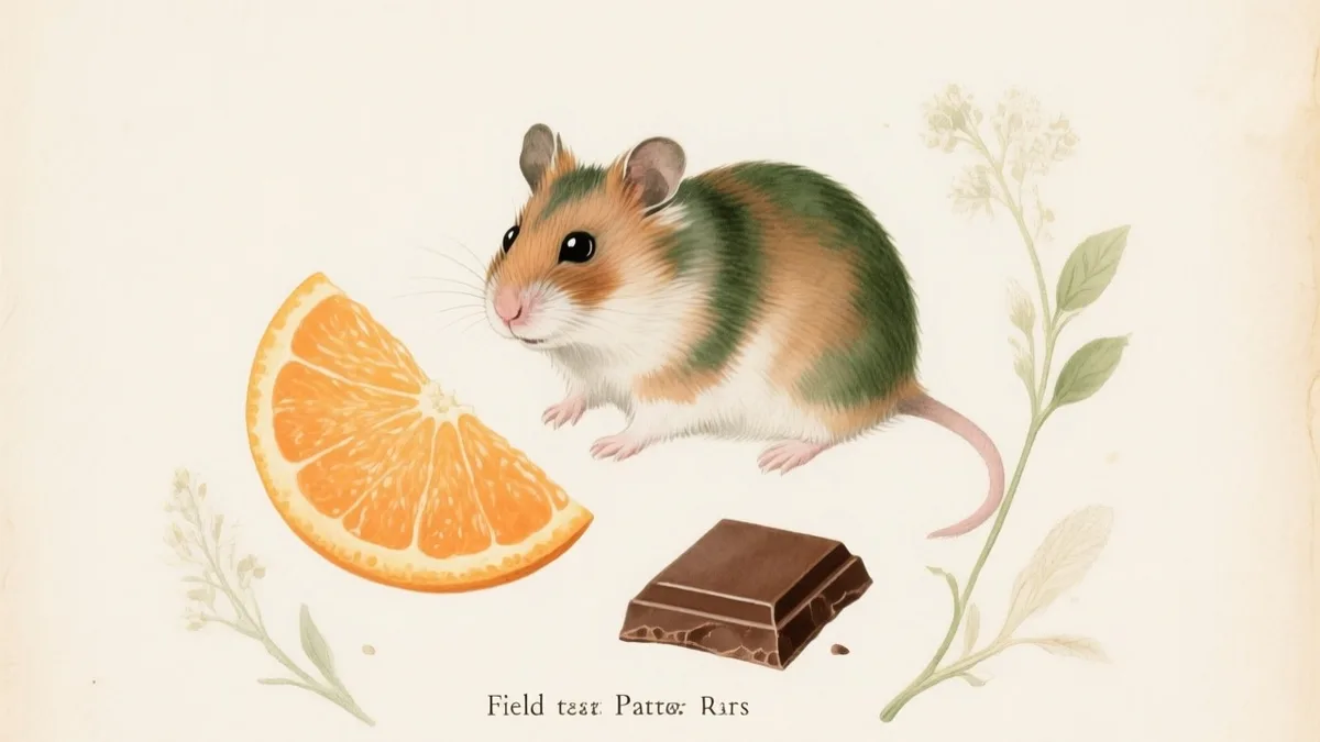 Ilustración naturalista de un hámster junto a alimentos prohibidos marcados