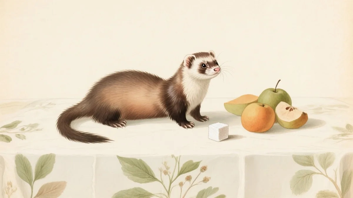 Ilustración naturalista de un hurón junto a alimentos prohibidos marcados