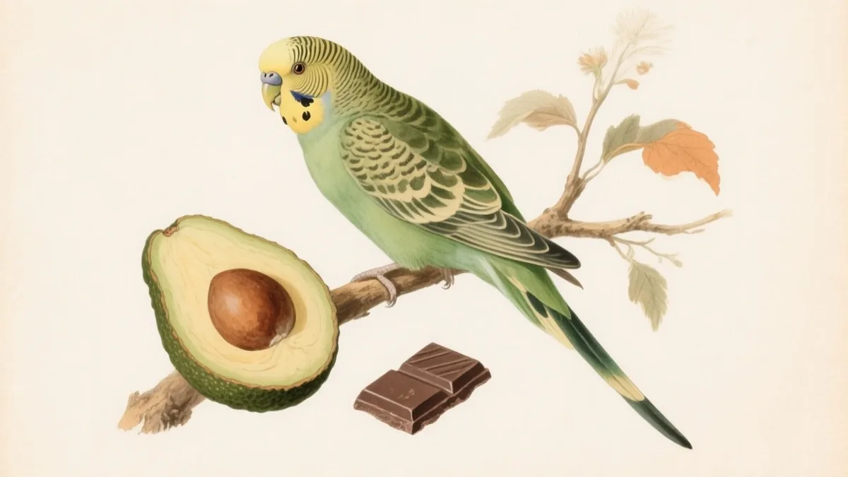Ilustración naturalista de un periquito junto a alimentos prohibidos marcados