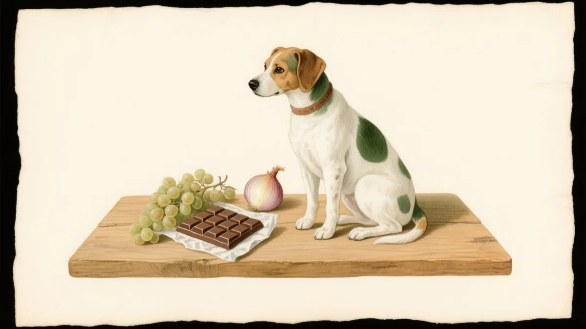 Ilustración naturalista de un perro junto a alimentos prohibidos marcados