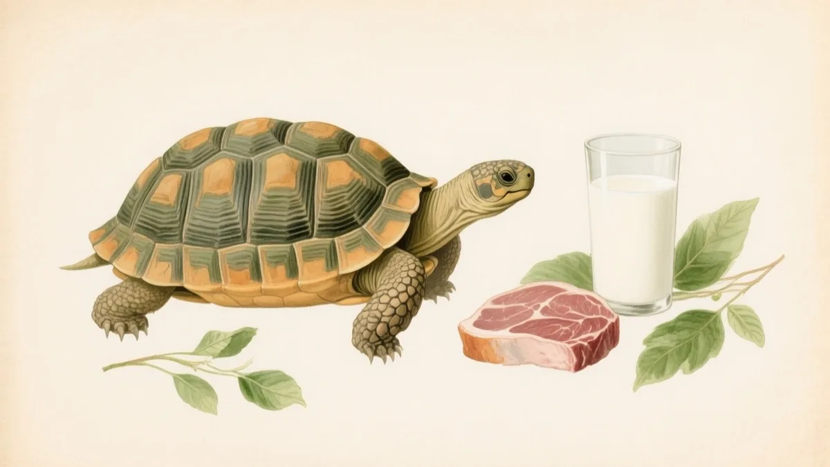 Ilustración naturalista de una tortuga junto a alimentos prohibidos marcados