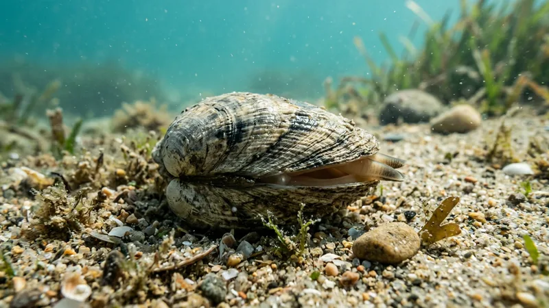 Ilustración naturalista de almejas alimentándose de fitoplancton, detritus orgánicos en marino