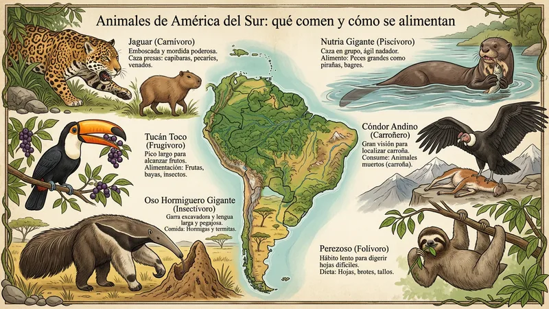 Ilustración naturalista de llama, jaguar y tucán sudamericanos