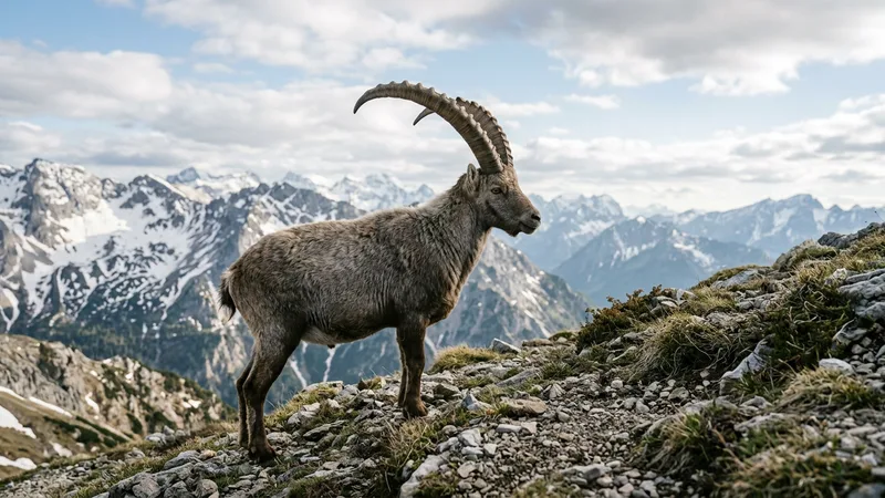 Ilustración naturalista de animales de la montaña alimentándose de hierbas, arbustos en montañas del mundo