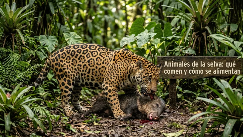 Ilustración naturalista de selva tropical con mono, tucán y jaguar