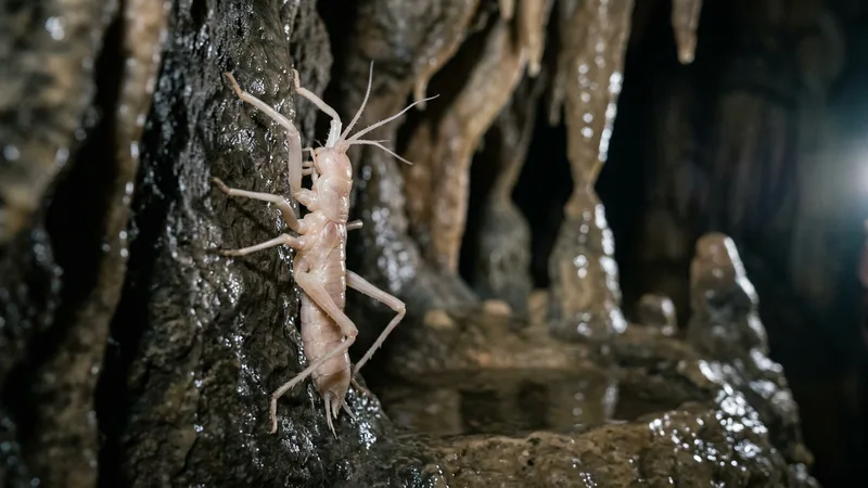 Ilustración naturalista de animales de las cavernas alimentándose de materia orgánica arrastrada, guano en sistemas cavernarios