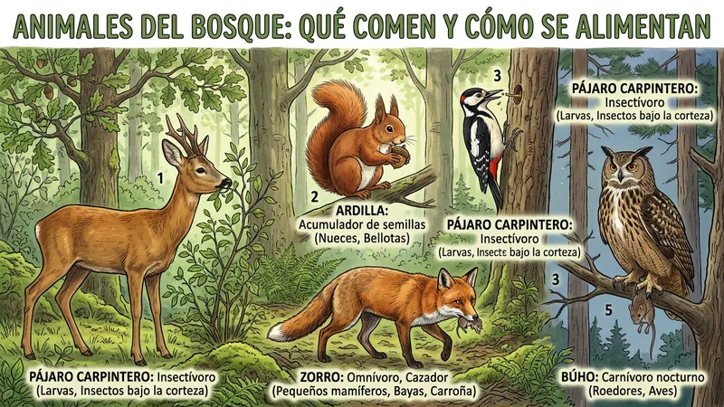 Ilustración naturalista con ciervos, zorros y aves de un bosque templado