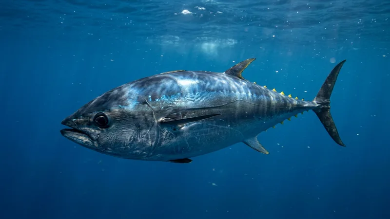 Ilustración naturalista de atunes alimentándose de peces, cefalópodos en océanos tropicales y templados