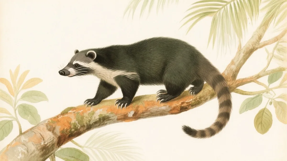 Ilustración naturalista de binturong en árbol selvático con cola enrollada