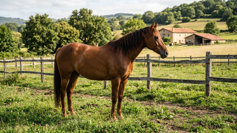 Ilustración naturalista de caballos alimentándose de pasto, heno en animal de granja