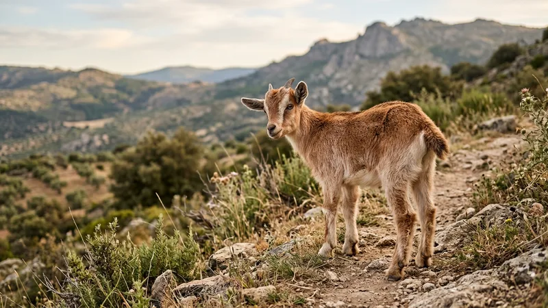Ilustración naturalista de cabritos alimentándose de calostro, leche en granjas y prados de montaña