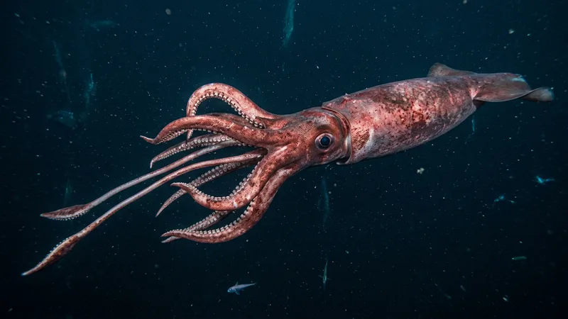 Ilustración naturalista de calamares gigantes alimentándose de peces de aguas profundas, cefalópodos en aguas profundas oceánicas