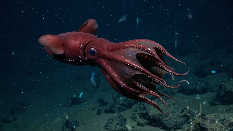 Ilustración naturalista de calamares vampiro alimentándose de detritus marino, copépodos en zonas abisales oceánicas