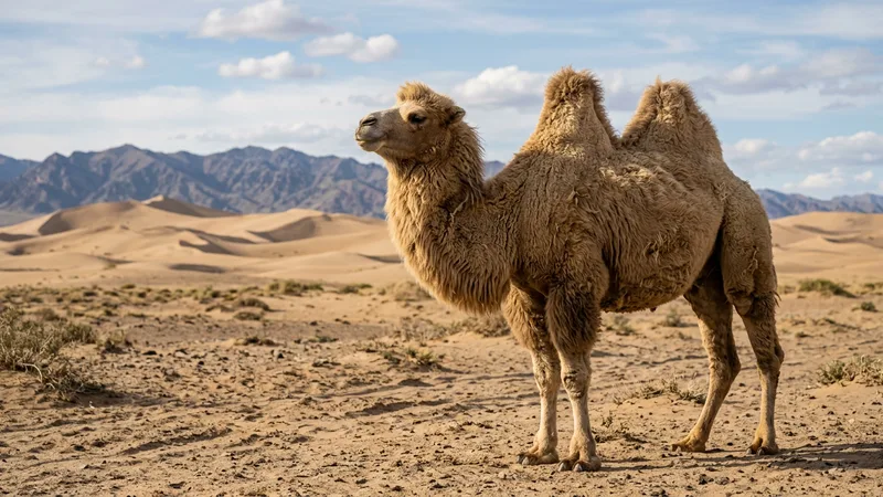Ilustración naturalista de camellos bactrianos alimentándose de plantas secas, arbustos salinos en desiertos de asia central