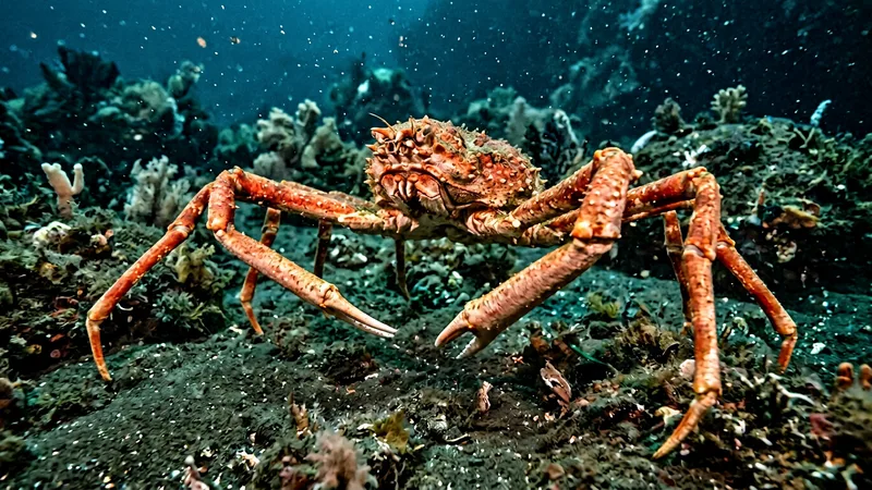 Ilustración naturalista de cangrejos gigantes japoneses alimentándose de restos de peces, moluscos en aguas profundas de japón