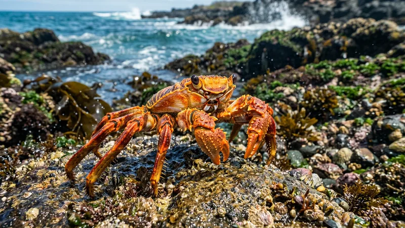 Ilustración naturalista de cangrejos alimentándose de peces, algas en marino