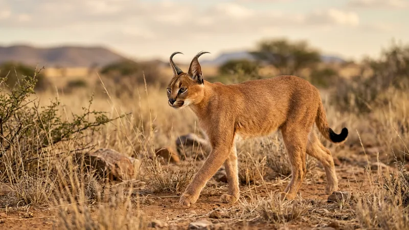 Ilustración naturalista de caracales alimentándose de mamíferos pequeños, aves en sabanas y semidesiertos africanos