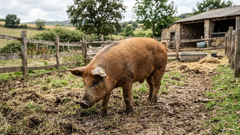 Ilustración naturalista de cerdos alimentándose de maíz, trigo en animal de granja