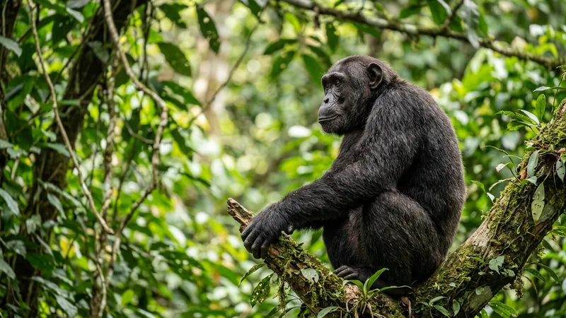 Ilustración naturalista de chimpancés alimentándose de frutas, hojas en selvas de áfrica ecuatorial
