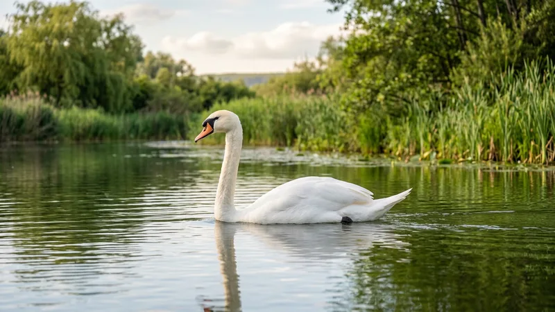 Ilustración naturalista de un cisne blanco en un estanque