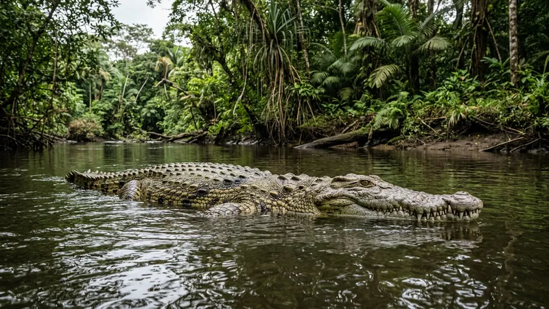 Ilustración naturalista de un cocodrilo del Nilo al borde del agua