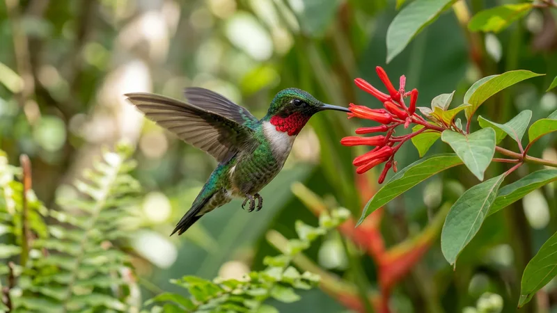 Ilustración naturalista de colibrís alimentándose de néctar, insectos en volador