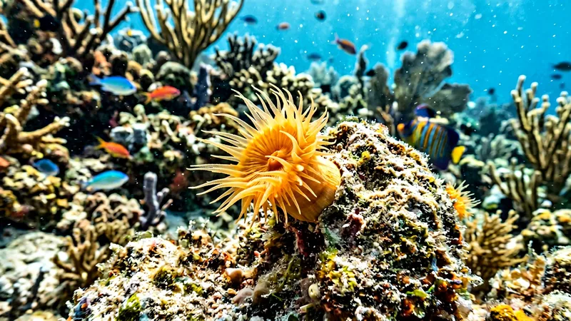 Ilustración naturalista de corales alimentándose de plancton, zooxantelas en marino