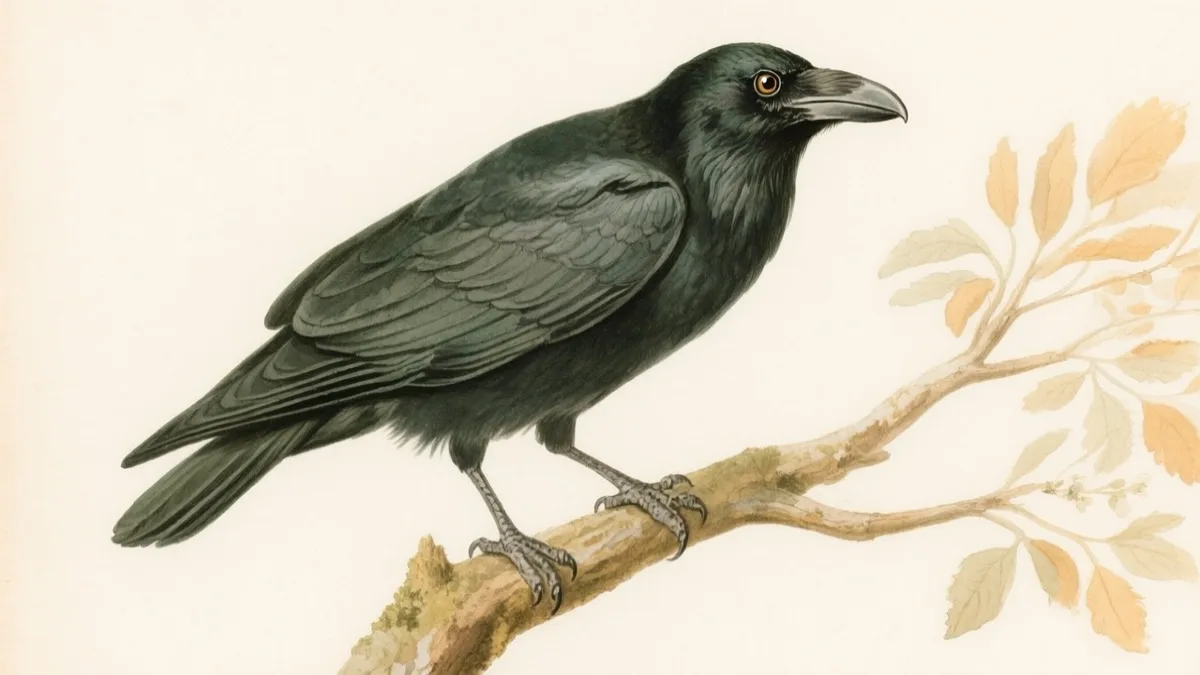 Ilustración naturalista de cuervo común con cabeza inclinada y mirada inteligente