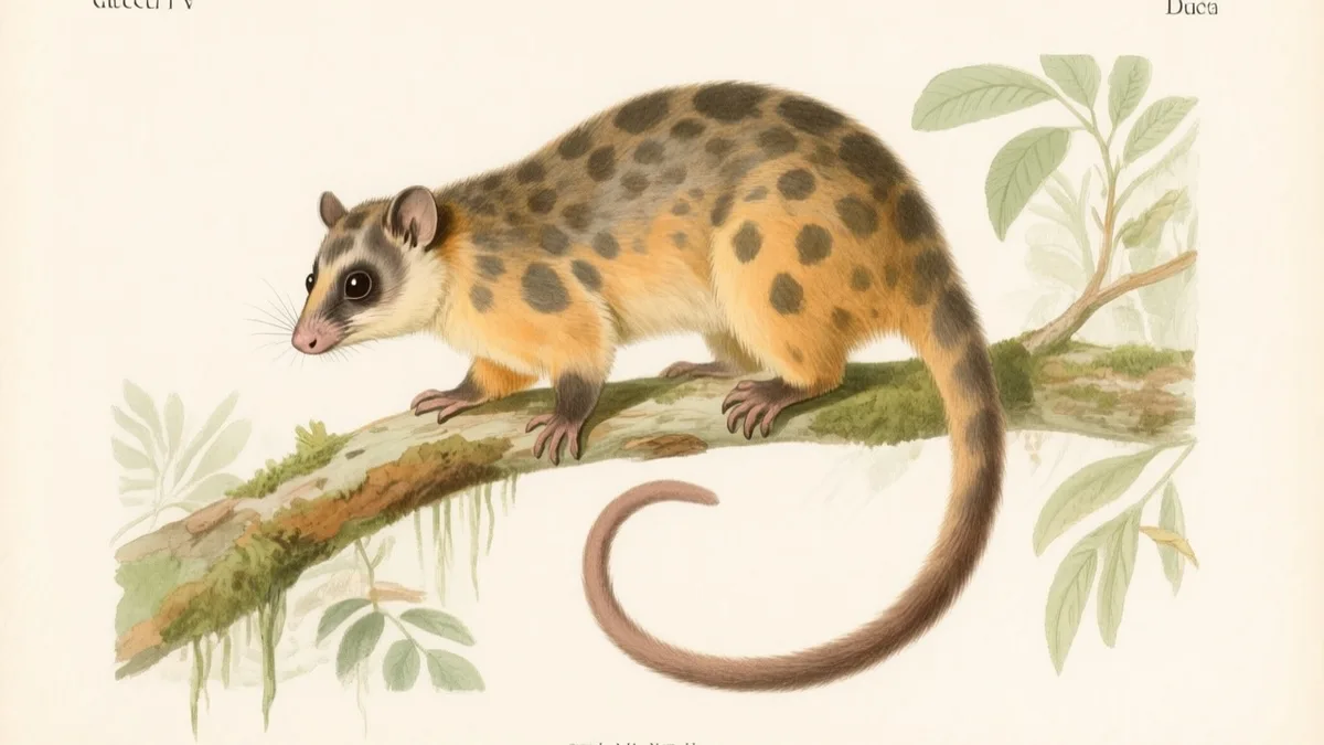 Ilustración naturalista de cuscús de manchas con cola prensil enroscada