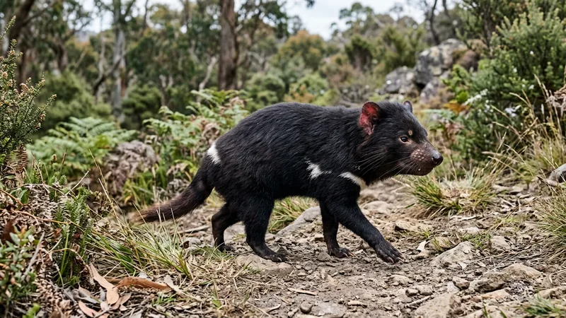 Ilustración naturalista de demonio de Tasmania alimentándose de carne, carroña en tasmania