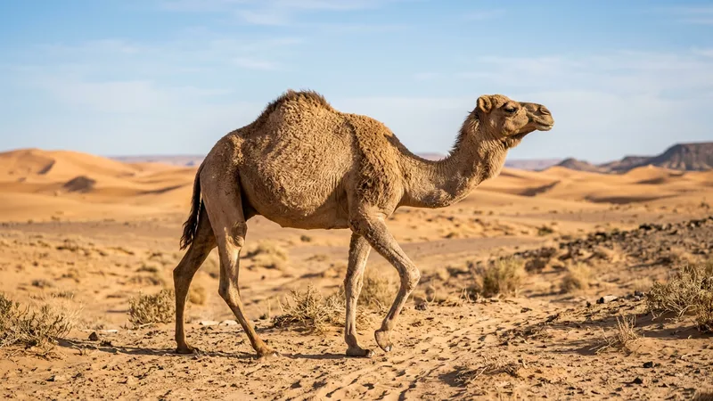 Ilustración naturalista de dromedarios alimentándose de hierbas secas, arbustos en desiertos de oriente medio y norte de áfrica