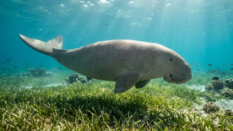 Ilustración naturalista de dugongos alimentándose de pastos marinos, Halodule en costas del índico y pacífico