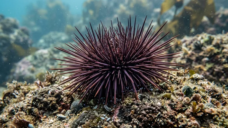 Ilustración naturalista de erizos de mar alimentándose de algas pardas, algas verdes en fondos rocosos marinos