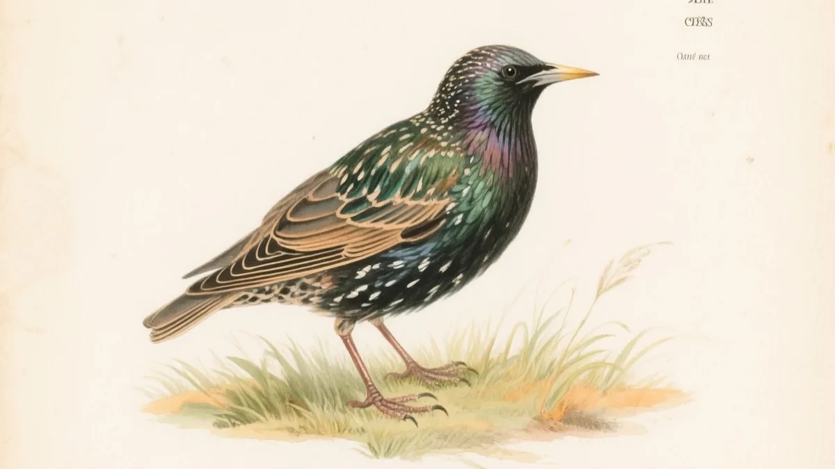 Ilustración naturalista de estornino pinto con plumaje iridescente