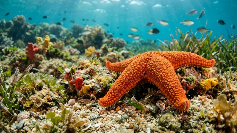 Ilustración naturalista de estrella de mar alimentándose de moluscos, crustáceos en marino