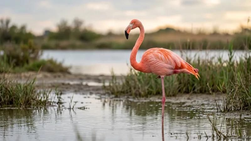 Ilustración naturalista de flamencos alimentándose de crustáceos, algas en lagunas salinas mundiales