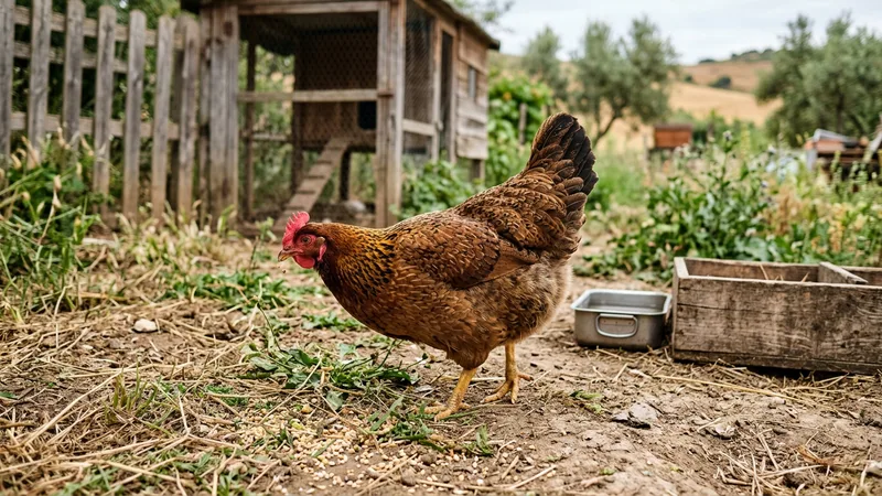 Ilustración naturalista de gallinas alimentándose de granos, insectos en animal de granja