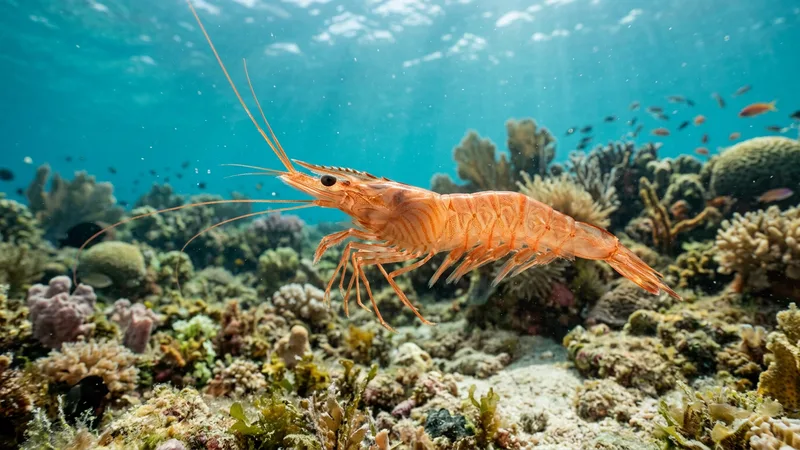 Ilustración naturalista de gambas alimentándose de algas, detritos en marino