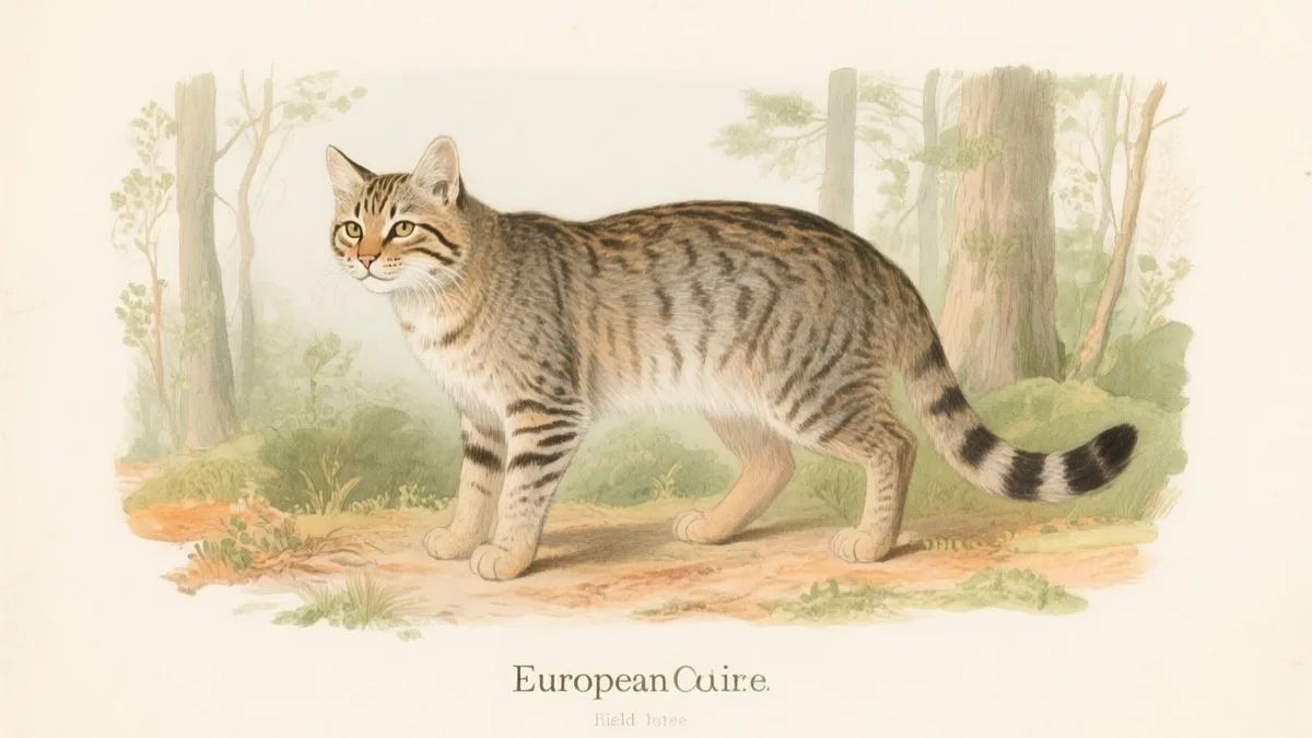 Ilustración naturalista de gato montés europeo con presa
