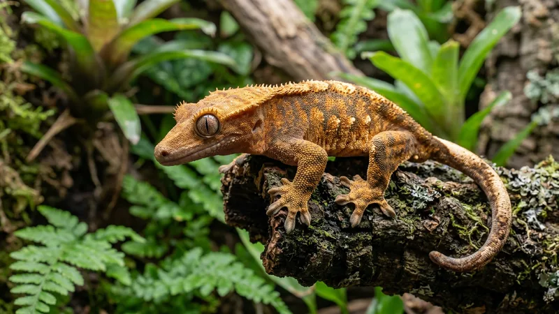 Ilustración naturalista de geckos crestados alimentándose de insectos, frutas en bosques de nueva caledonia y mascota