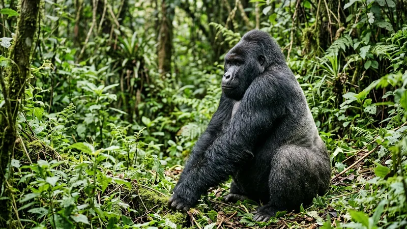 Ilustración naturalista de gorilas alimentándose de hojas, frutos en áfrica